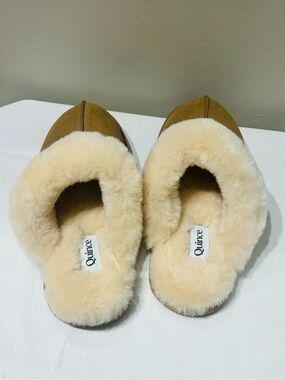 Quince Women's Slip-On Shearling Slippers in Tan and Cream